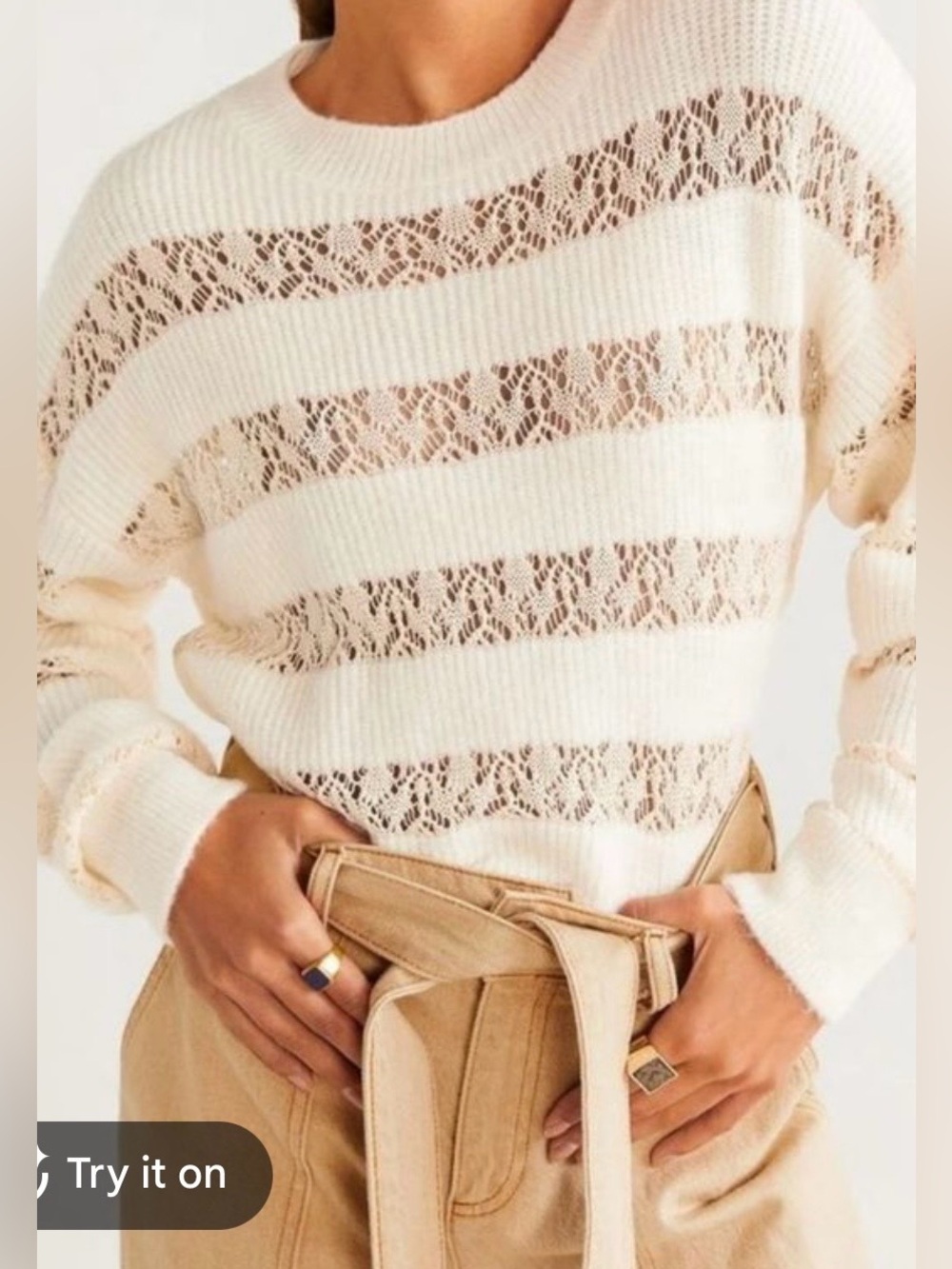 MNG Mango Women’s Cream Lace-Stripe Knit Sweater Size XS